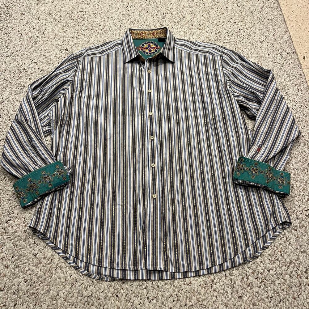 Robert Graham Embroidered Flip Cuff Mens Button Down Shirt 2XL Stripe Casual